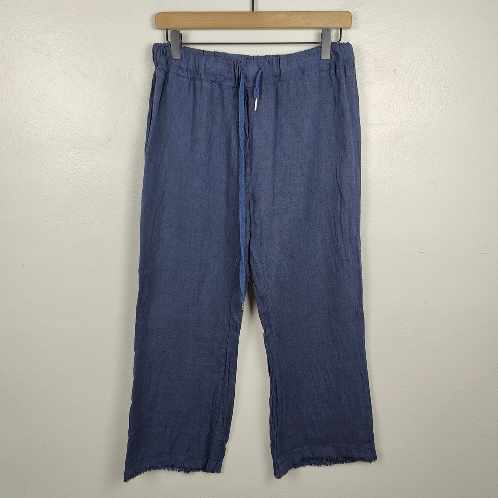 Meo Meo Linen Wide Leg Pants Womens One Size Cropped Raw Hem Navy Blue Beachy - Picture 2 of 8
